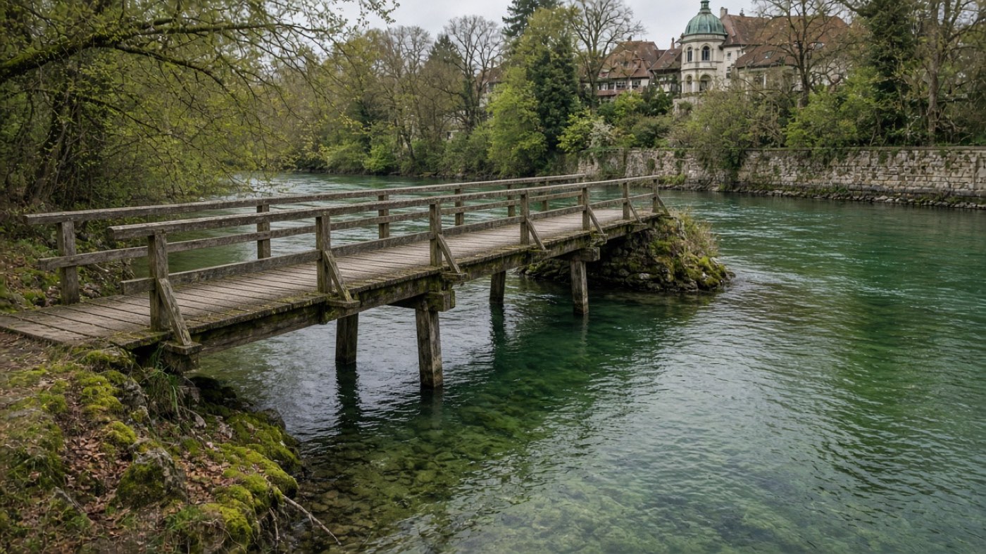 Holzsteg über grünes Wasser